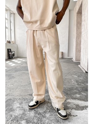 Krem Cozy Premium Pileli Baggy Eşofman