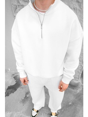 Beyaz Cozy Basic Yarım Fermuar Oversize Sweatshirt