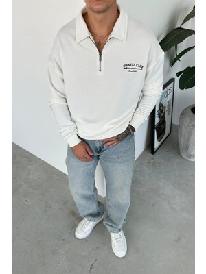 Beyaz Ow Nakış Yarım Fermuarlı Sweatshirt
