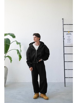 Siyah Cozy Basic Tam Fermuar Oversize Sweatshirt