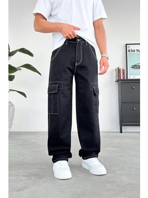 Siyah Beyaz Dikiş Kargo Baggy Pantolon