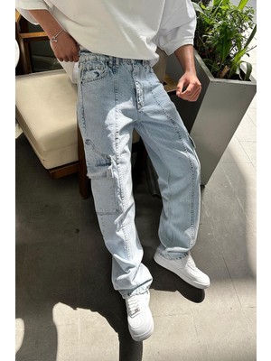 Buz Mavi Ön Tasarım Kargo Cepli R4 dl Baggy Pantolon