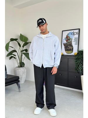 Gri Melanj Cozy Basic Çift Fermuar Oversize Sweatshirt