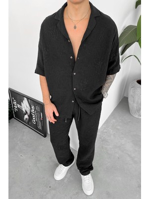 Siyah Müslin Flower Kabartma Detay Oversize Gömlek