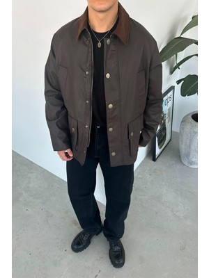 Kahverengi Waxed Çıt Çıt Cep Detay Oversize Ceket
