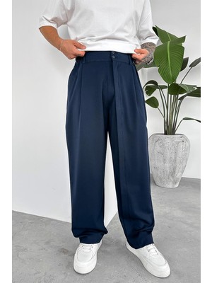 Lacivert Yüksek Bel Premium Kumaş Baggy Pantolon