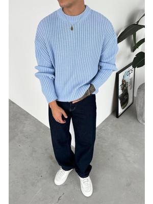 Bebe Mavisi Bisiklet Yaka Fitilli Oversize Triko Kazak