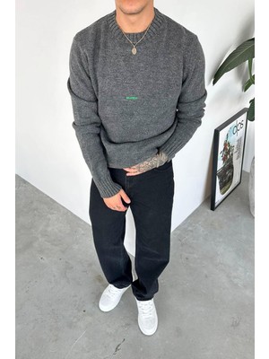 Antrasit Sılence Nakış Soft Relaxed Kazak