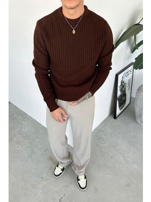 Kahverengi Bisiklet Yaka Oversize Örgü Kazak