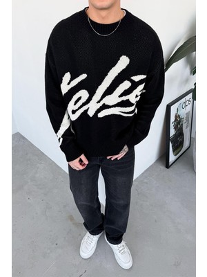 Siyah Premium Işleme Baskı Oversize Kazak