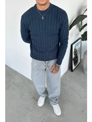 Indigo Örgü Desen Relaxed Triko Kazak