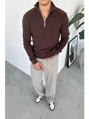 Kahverengi Basic Fitilli Yarım Fermuarlı Relaxed Kazak