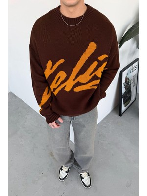 Kahverengi Premium Işleme Baskı Oversize Kazak