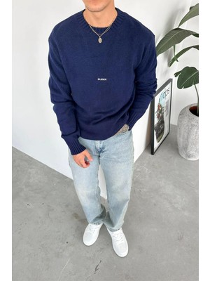 Lacivert Sılence Nakış Soft Relaxed Kazak