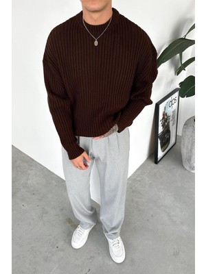 Kahverengi Bisiklet Yaka Fitilli Oversize Triko Kazak