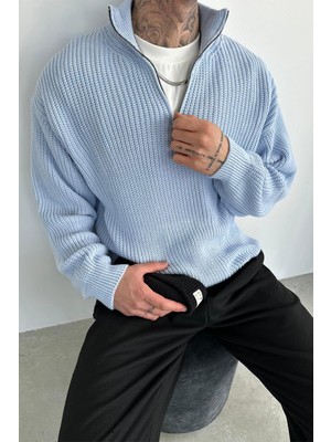 Bebe Mavisi Yarım Fermuarlı Boğazlı Triko Kazak