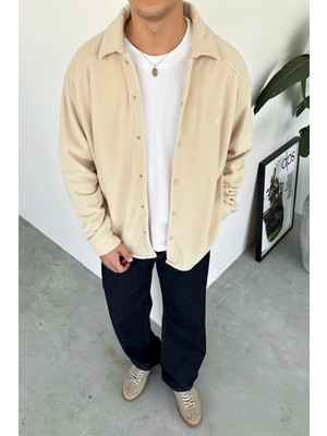 Bej G Nakışlı Oversize Polar Gömlek