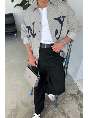 Yeşil Ny Baskılı Oversize Çizgili Gömlek