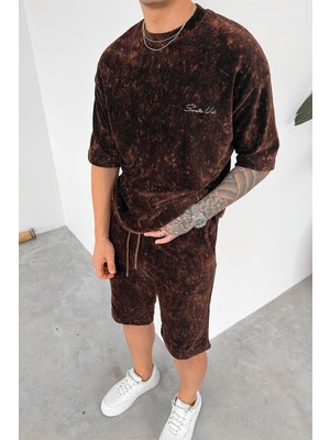 Kahverengi Ince Fitilli Batik Nakış Detay Oversize Tişört