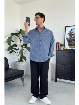 Lacivert Kareli Old School Oversize Gömlek