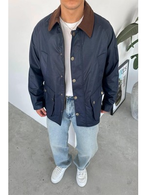 Lacivert Waxed Çıt Çıt Cep Detay Oversize Ceket
