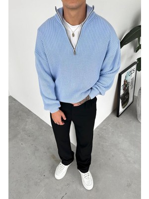 Bebe Mavisi Yarım Fermuarlı Boğazlı Triko Kazak