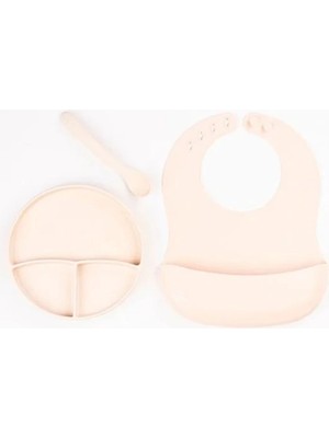 Starseven Krem Rengi 3’lü Silikon Yemek Seti – Önlük + Diş Kaşıyıcılı Kaşık + Vakumlu Tabak