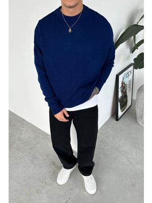 Lacivert Basic Bisiklet Yaka Triko Kazak