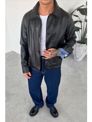 Siyah Düğme Detay Relaxed Deri Ceket