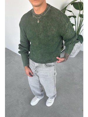 Haki Acid Wash Fitilli Oversize Triko Kazak