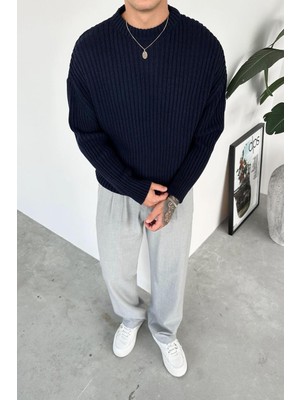 Lacivert Bisiklet Yaka Fitilli Oversize Triko Kazak