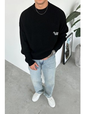 Siyah Los Angeles Nakış Oversize Triko Kazak