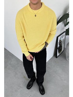 Sarı Örme Desen Oversize Triko Kazak