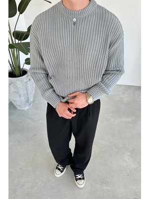 Gri Bisiklet Yaka Fitilli Oversize Triko Kazak