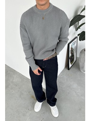 Gri Bisiklet Yaka Fitilli Oversize Triko Kazak