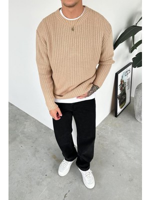 Taba Örme Desen Relaxed Triko Kazak