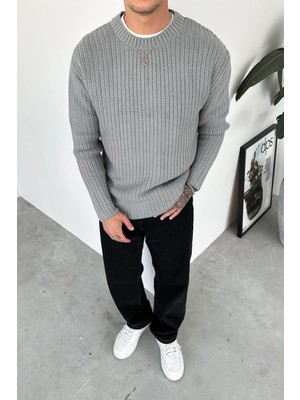Gri Örme Desen Relaxed Triko Kazak