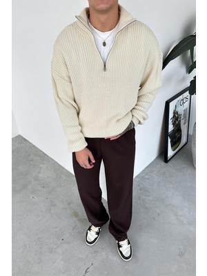 Krem Yarım Fermuarlı Boğazlı Triko Kazak