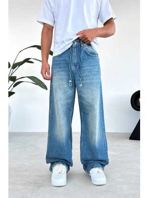Soft Degrade Mavi Kemerli Basic Ekstra Bol Baggy Pantolon