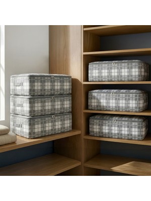 Nacarev 6 Adet Mega Boy Kare Desenli Ekose Gri Baza Altı Düzenleyici Yastık Yorgan Kıyafet Hurcu 75X40X20 cm