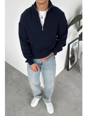 Lacivert Yarım Fermuarlı Boğazlı Triko Kazak