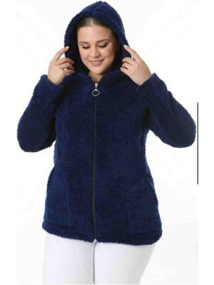 Te&Te Kadın Lacivert Fermuarlı Cepli Peluş Polar Ceket