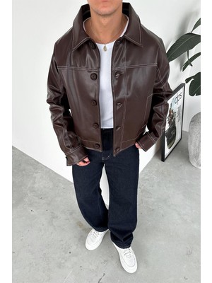 Kahverengi Ters Dikiş Crop Kesim Premium Deri Ceket