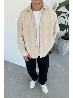 Krem Basic Fitilli Kadife Gömlek