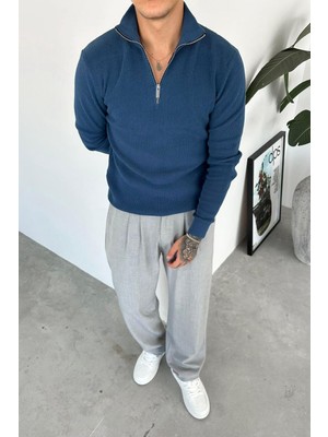 Indigo Basic Fitilli Yarım Fermuarlı Relaxed Kazak