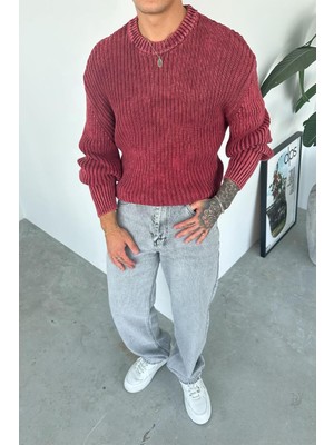 Bordo Acid Wash Fitilli Oversize Triko Kazak