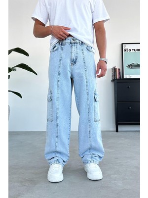 Buz Mavi Ön Tasarım Cepli Baggy Pantolon