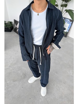 Lacivert Etnik Desen Premium Cropped Ceket