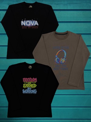 Pidal Giyim Avantajlı Paket Dinamik Baskılı Pamuklu Uzun Kollu Unisex Çocuk Üçlü Sweatshirt