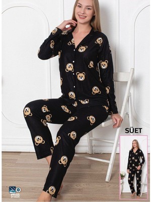 Süet Kumaş Uzun Kollu Ayıcık Desenli Kadın Pijama Takım